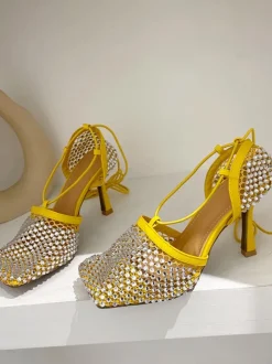 Sparkling Rhinestone Crossed Straps Hollow Out Heeled Sandal