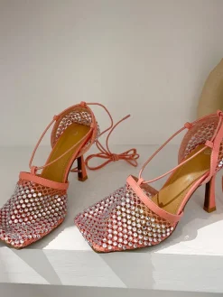 Sparkling Rhinestone Crossed Straps Hollow Out Heeled Sandal