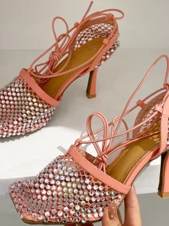 Sparkling Rhinestone Crossed Straps Hollow Out Heeled Sandal