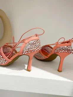 Sparkling Rhinestone Crossed Straps Hollow Out Heeled Sandal