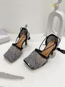 Sparkling Rhinestone Crossed Straps Hollow Out Heeled Sandal