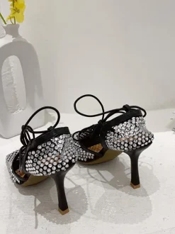 Sparkling Rhinestone Crossed Straps Hollow Out Heeled Sandal