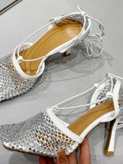 Sparkling Rhinestone Crossed Straps Hollow Out Heeled Sandal