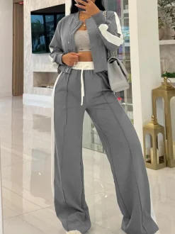 Sporty Jacket Wide Leg Pants Set