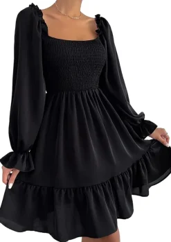 Square Neck Puff Sleeve Ruffle Hem Dress