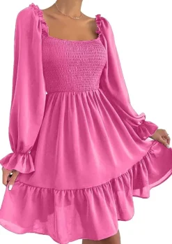 Square Neck Puff Sleeve Ruffle Hem Dress