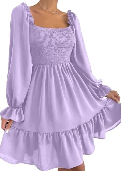 Square Neck Puff Sleeve Ruffle Hem Dress