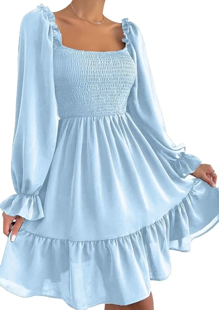 Square Neck Puff Sleeve Ruffle Hem Dress