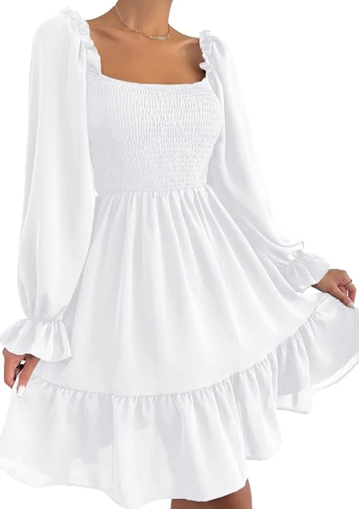 Square Neck Puff Sleeve Ruffle Hem Dress