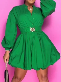 Stand Neck Puff Sleeve Belt Waist Mini Dress