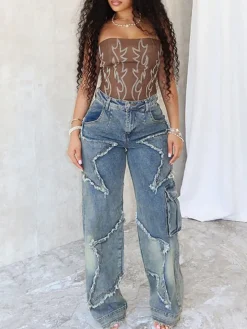 Star Fringe Raw Hem Loose Straight Leg Jeans