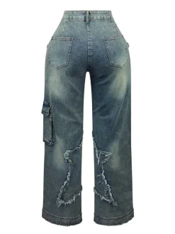 Star Fringe Raw Hem Loose Straight Leg Jeans