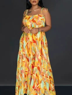 Strap Pleated Wide Leg Printed Jumpsuit