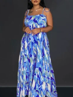 Strap Pleated Wide Leg Printed Jumpsuit