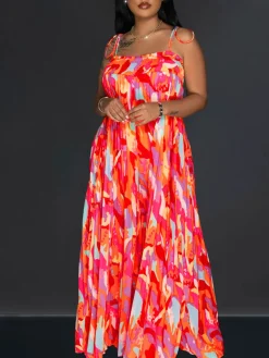 Strap Pleated Wide Leg Printed Jumpsuit