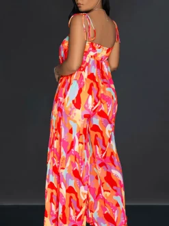 Strap Pleated Wide Leg Printed Jumpsuit