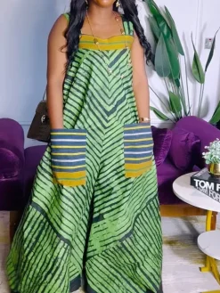 Strap Print Pockets Wide Leg Jumpsuit