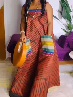 Strap Print Pockets Wide Leg Jumpsuit