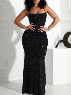 Strap Rhinestone Mesh Maxi Dress