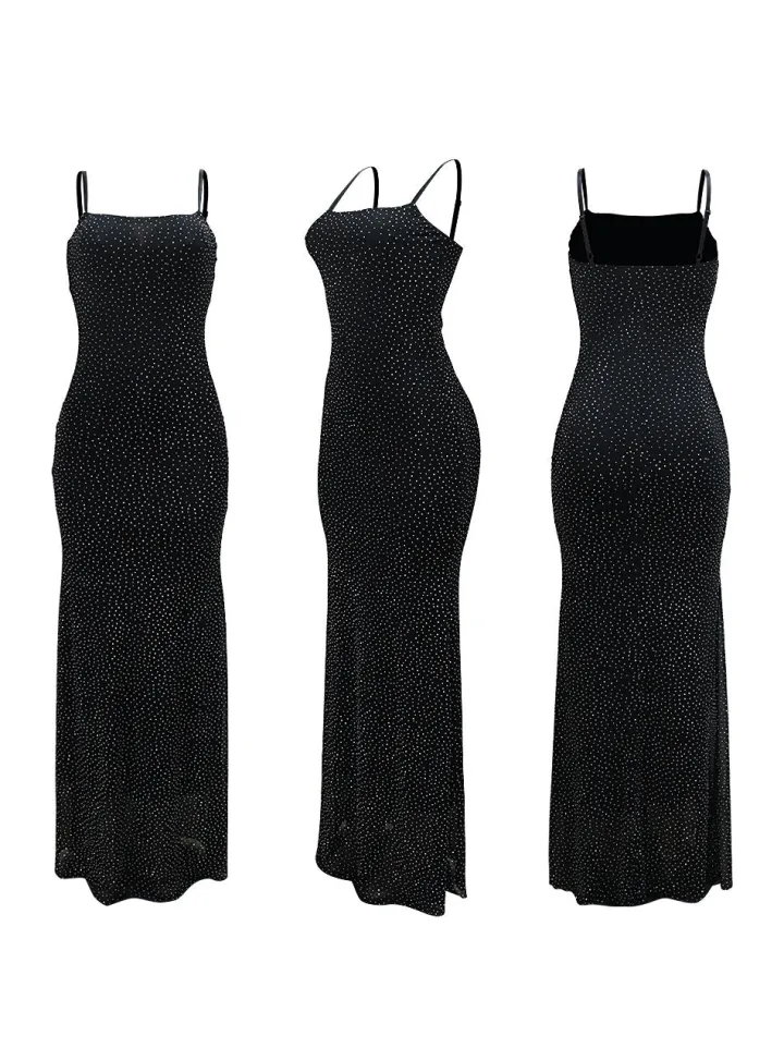 Strap Rhinestone Mesh Maxi Dress