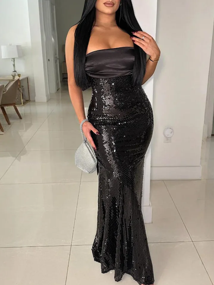 Strapless Bow Tie Back Sequin Maxi Dress