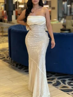 Strapless Bow Tie Back Sequin Maxi Dress