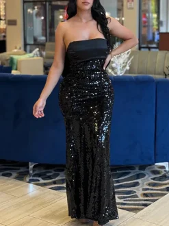 Strapless Bow Tie Back Sequin Maxi Dress