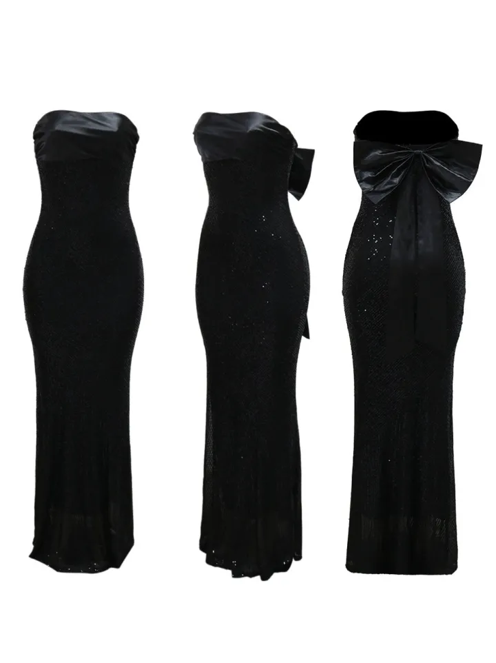 Strapless Bow Tie Back Sequin Maxi Dress