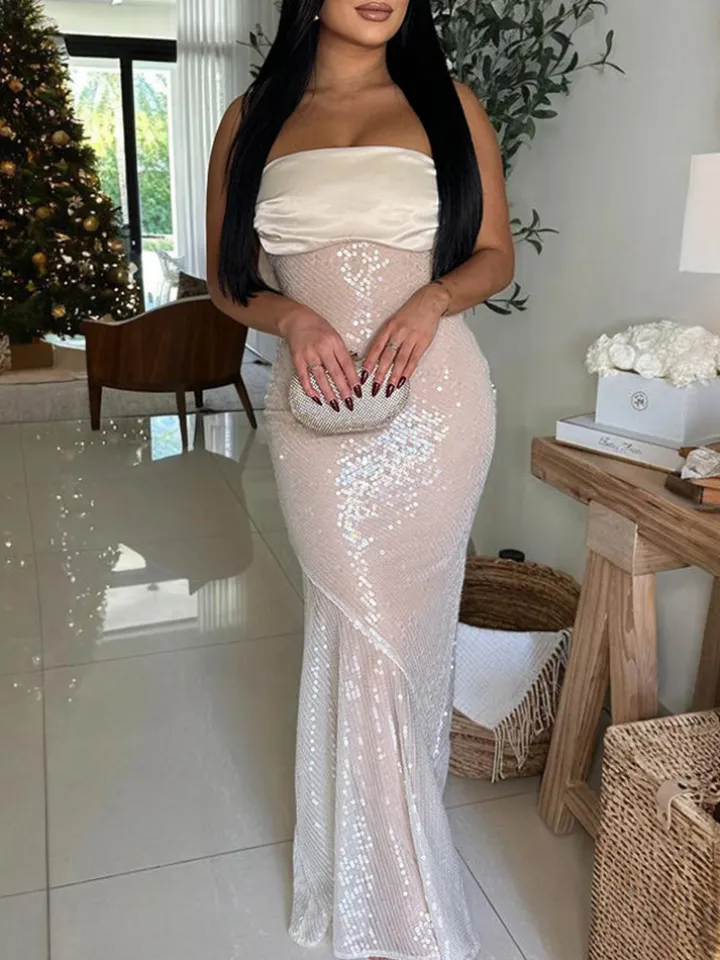 Strapless Bow Tie Back Sequin Maxi Dress