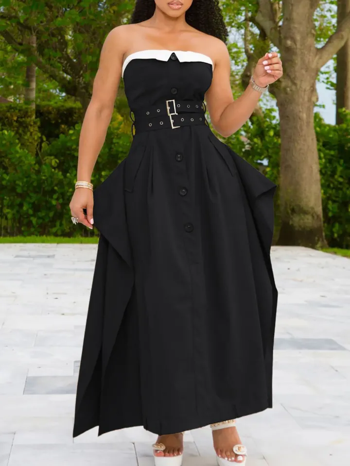 Strapless Button Front Belted A-Line Maxi Dress