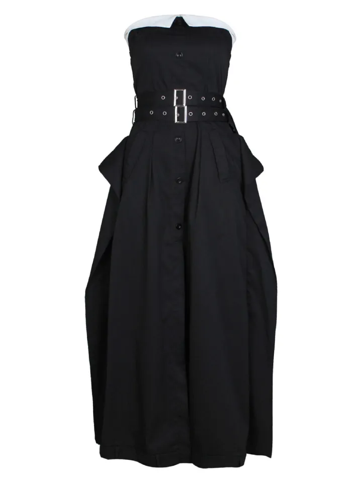 Strapless Button Front Belted A-Line Maxi Dress