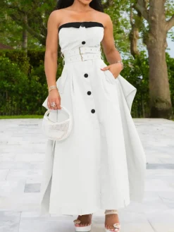 Strapless Button Front Belted A-Line Maxi Dress