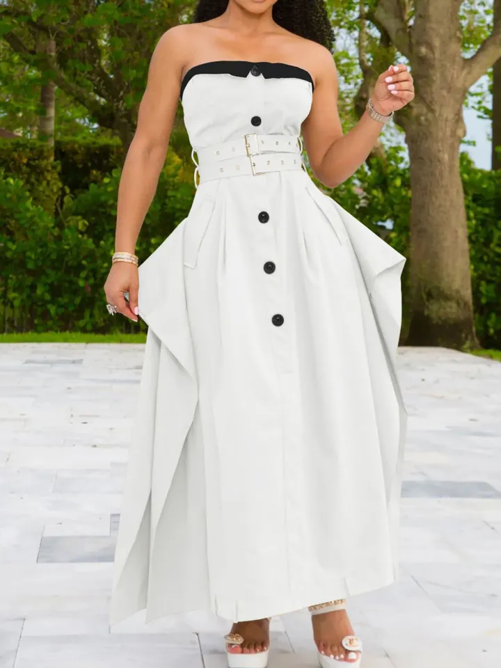 Strapless Button Front Belted A-Line Maxi Dress