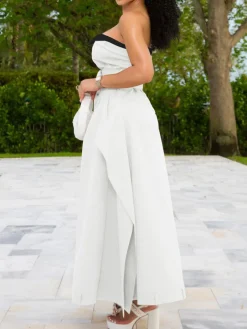 Strapless Button Front Belted A-Line Maxi Dress
