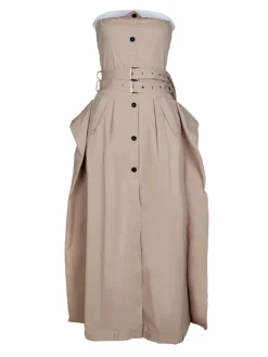 Strapless Button Front Belted A-Line Maxi Dress