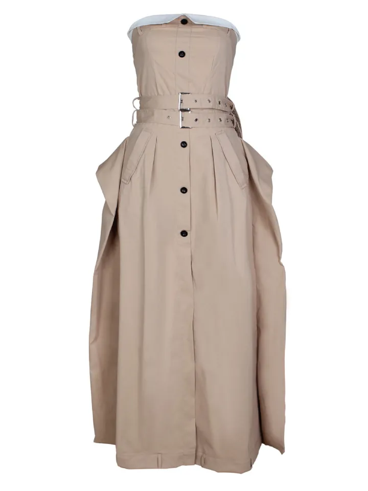 Strapless Button Front Belted A-Line Maxi Dress