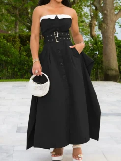 Strapless Button Front Belted A-Line Maxi Dress
