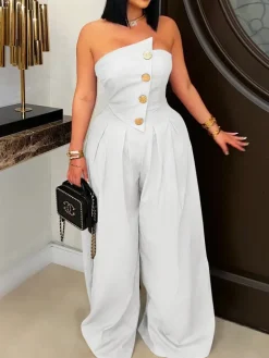 Strapless Button Wide-Leg Jumpsuit