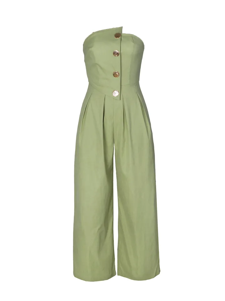 Strapless Button Wide-Leg Jumpsuit