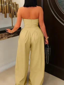 Strapless Button Wide-Leg Jumpsuit
