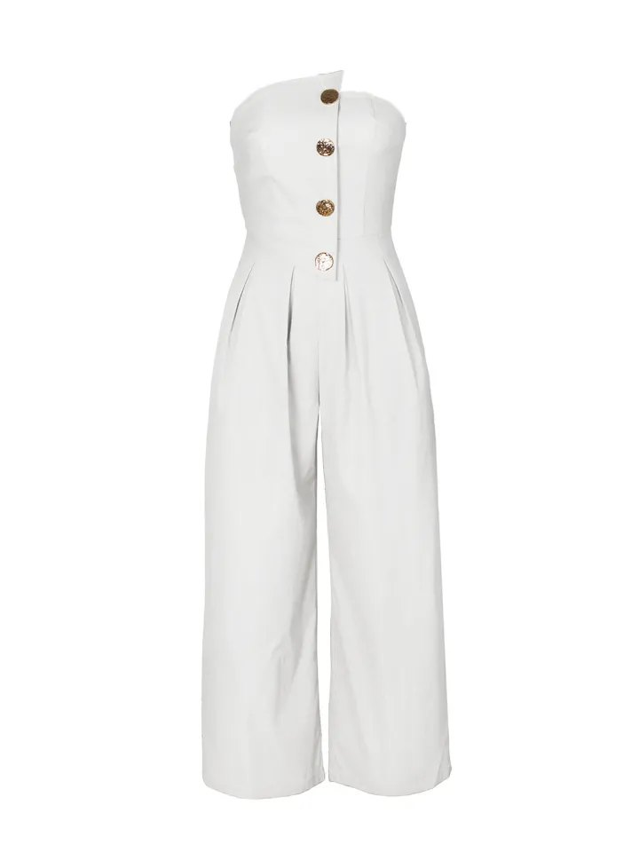 Strapless Button Wide-Leg Jumpsuit