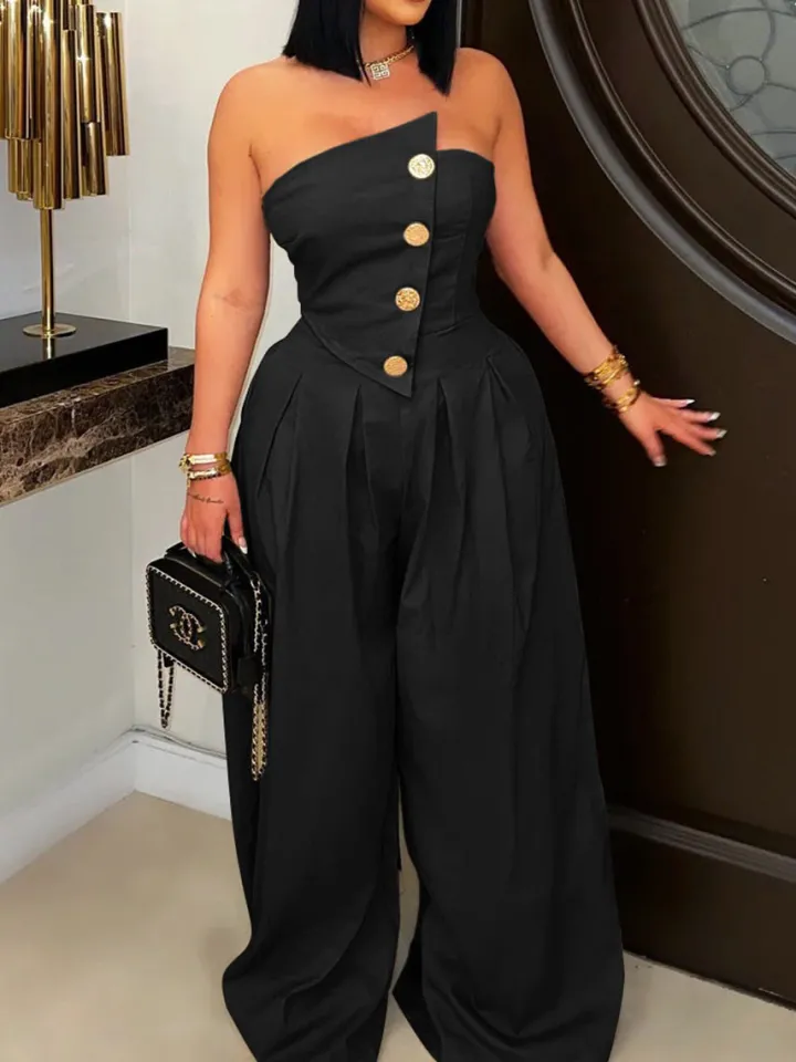 Strapless Button Wide-Leg Jumpsuit