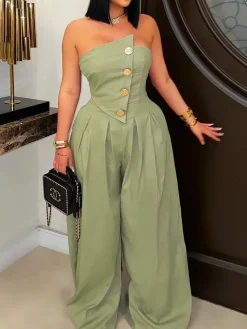 Strapless Button Wide-Leg Jumpsuit