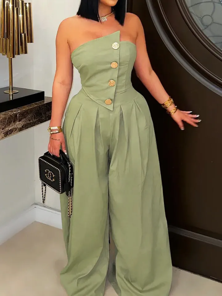 Strapless Button Wide-Leg Jumpsuit