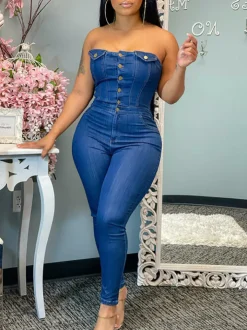 Strapless Button-Up Denim Jumpsuit