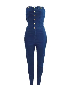 Strapless Button-Up Denim Jumpsuit