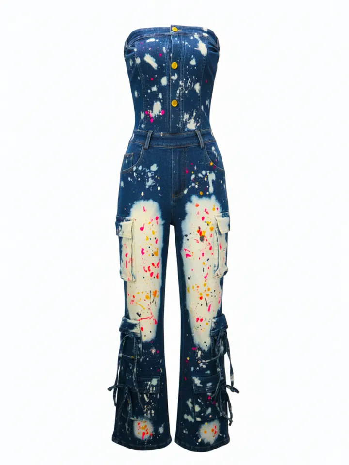 Strapless Color Paint Cargo Denim Jumpsuit
