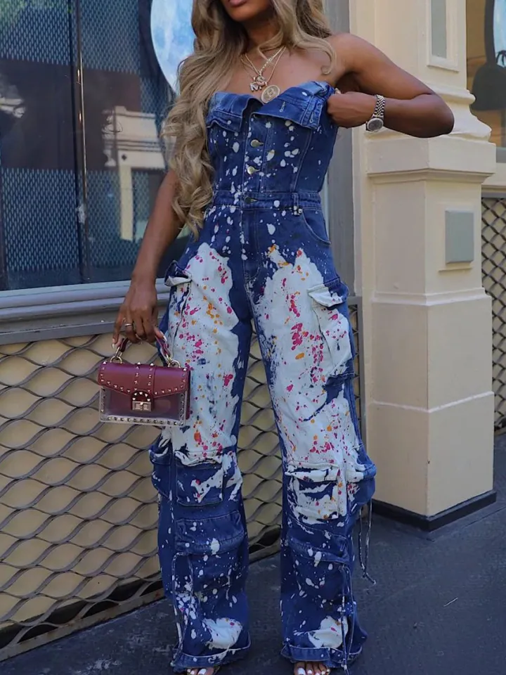 Strapless Color Paint Cargo Denim Jumpsuit