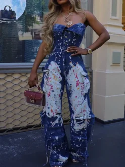 Strapless Color Paint Cargo Denim Jumpsuit