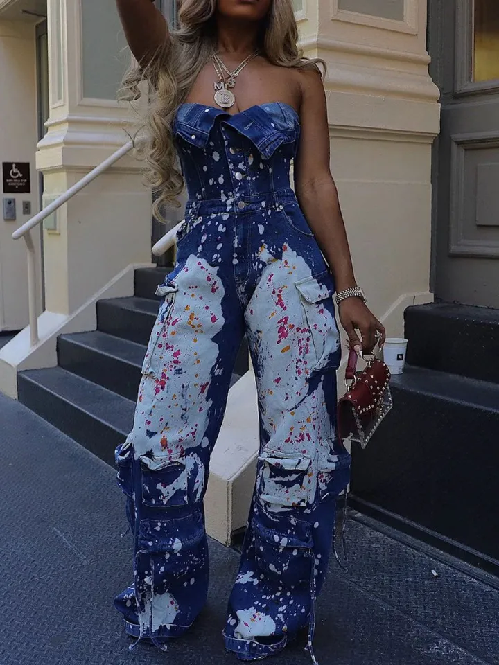Strapless Color Paint Cargo Denim Jumpsuit